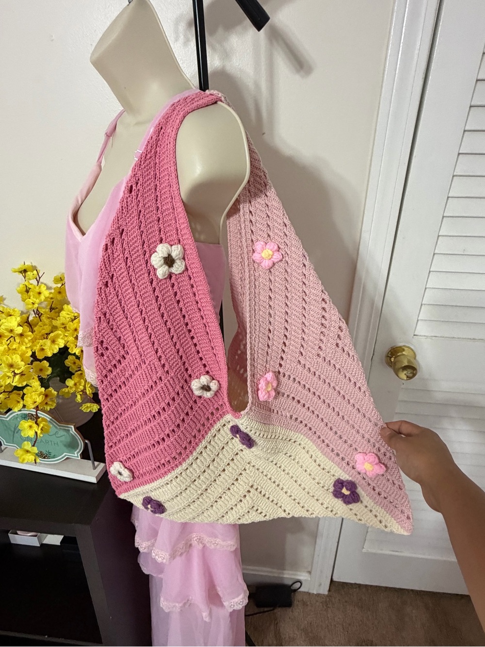 Handmade Pink Crochet Flower Tote Bag size L brand